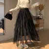 Saia Midi de Renda Irregular Feminina Nova Primavera/Verão 2026 Cintura Alta Franzida Babados Longa Estilo Fada