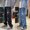 Jeans bordados hombre primavera ins high street holgados pantalones de hombre primavera y otoño marca de moda rectos pierna ancha pantalones americanos