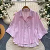 Camisa casual moderna de estilo coreano para mulheres adultas, novo modelo 2026, versátil para o trabalho, top listrado de manga longa emagrecedor para o verão
