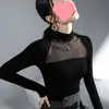 2025 Top de Malla Ligeramente Transparente con Ensambles Negro Otoño e Invierno Nuevo Estilo Camiseta Base de Manga Larga para Mujer