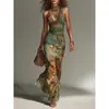 Vestido de Verano de Comercio Electrónico Transfronterizo Europeo y Americano Estampado Retro con Cordones Cuello Halter Espalda Descubierta Adelgazante Sexy para Mujer Vestido Largo