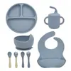 Conjunto de Louça de Silicone, Tigela de Comida Infantil, Utensílios de Prato de Comida de Grau Alimentício, Garfo, Colher, Copo de Água, Babador em Estoque