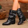 Botas de Pantalón de Pierna Ancha con Hebilla Metálica a Media Pantorrilla Moda Transfronteriza Talla Grande 2026 Otoño/Invierno Nuevo Llegada Punta Cuadrada Tacón Cuadrado Botas para Mujer En Stock