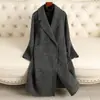 Elegante diseño morado, abrigo largo de lana de doble cara con detalles de cinturón, largo hasta la rodilla para mujer, nuevo abrigo de lana de corte holgado para otoño e invierno