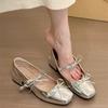 Sapatos Mary Jane de laço francês prateados para mulheres 2025 Nova primavera Salto grosso Elegante All-match Saia Pequenos sapatos de couro