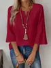 Top de mujer de comercio exterior europeo y americano para primavera/verano de Amazon, de color liso, corte holgado, escote en V pequeño, manga de tres cuartos, con ribete de encaje