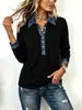 Ropa europea y americana para mujer de Amazon transfronteriza: patchwork de mezclilla, camisa de manga larga con tapeta de media botonadura y corte holgado y casual