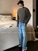 Camiseta de Manga Larga a Rayas con Bloques de Color Negro y Gris para Hombre, Atuendo Estilo Coreano de Otoño, Corte Relajado Perezoso, Capa Interior Suelta, Top Casual