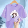 2368 # Camiseta de Manga Curta para Meninas Algodão Puro Verão Fina 2025 Nova Roupa Infantil Tamanhos Médio e Grande Tops Casuais de Meia-Manga para Crianças
