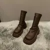 Botas de Cano Curto Plataforma com Salto Grosso Femininas 2026 Outono/Inverno Novas Botas de Cano Curto Empilhadas Franzidas Estilosas Botas Curtas Elásticas Emagrecedoras para Baixinhas