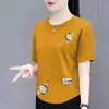 Roupas para Mãe de Mulheres de Meia-idade e Idosas, Nova Camiseta Estampada de Manga Curta Estilo Chinês, Camisa Básica Solta, Top de Moda Casual com Botões Tradicionais Chineses