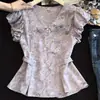 Elegante camisa de cuello estampado morado para mujer, estilo verano con lazo en la espalda y diseño entallado en la cintura, top de manga corta deslumbrante y elegante para mujer