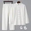 Traje Tang de primavera e outono para homens e jovens, traje masculino de estilo chinês, traje de algodão e linho, traje étnico, traje chinês, conjunto de duas peças