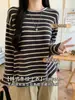 H413 Camiseta de Manga Larga Rayada con Cuello Redondo Cuidadosamente Seleccionada para Mujer Principios de Otoño Capa Interior Capa Base Tejido Cepillado por Ambos Lados Top Holgado