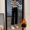 Jeans reto forrado de lã quente para cobrir carne, preto, cintura alta, couro, marca, design, Sense, calças largas e grossas para mulheres