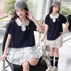 Conjunto de Verano Exquisito Dulce y Fresco para Niñas, Estilo Nuevo para Niños Mayores, Vestido de Pastel de Manga Corta con Encaje y Cuello Polo y Falda Media Conjunto de Dos Piezas