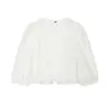 Camisa Blanca de Verano con Escote en V, Botones al Frente, Bordada, Hueca, Mangas Abullonadas, Estilo Resort Europeo y Americano, Corte Ajustado Corto para Mujer