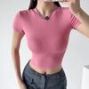 Verano 2023 Nuevo Top de Manga Corta para Mujer con Escote Pequeño, Cintura Alta, Ombligo Descubierto, Manga Corta, Tejido Acanalado, Corte Ajustado, Camiseta Elástica