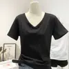 Camiseta Branca Casual de Gola V Estilo Preguiçoso Feminina Primavera e Verão Manga Longa Solta Emagrecedora com Camisa Básica