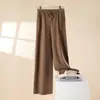 Pantalones de Lana Anchos de Otoño e Invierno para Mujer, Prendas de Punto para Exterior, Pantalones Casuales Rectos de Punto Sueltos de Cintura Alta con Cordones