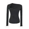 Top Sexy Francés Delgado Chica Caliente Diseño Femenino Elástico Ajustado Capa Base Irregular Asimétrico Cuello Manga Larga Camiseta