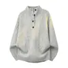 Suéter de Tricô Cinza Mescla Tecido Gola Alta Retrô Americano Masculino Casual Solto Gola Henley Pulôver Estilo Preguiçoso Top
