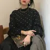 Chic Coreano Retro Francés Lunares Blanco y Negro Cuello Alto Medio Holgado Mangas Abullonadas Camisa Base Top para Mujer