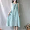 Vestido tipo tank de longitud media artístico y fresco estilo hada, de corte holgado, color liso, de una sola capa, de algodón y lino, sin mangas, para verano