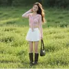 Traje de Verano Nuevo Estilo Falda Plisada para Mujer, Blanco y Gris, Falda de Corte A Petite, Elegante Falda Corta Versátil de Cintura Alta