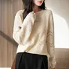 Coleção Nova Primavera 2026: Blusa de Tricô 100% Algodão Feminina, Manga Longa, Cor Sólida, Design Vazado, Caimento Solto, Peça Básica para Camadas