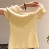 Estilo Puro Desejo Blusa Manga Curta Patchwork de Renda Emagrecedora de Um Ombro 2026 Verão Nova Deslumbrante Moda Slim Fit
