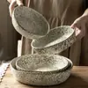 Tigela e Prato com Padrão de Pedra Estilo Silencioso Utensílios de Mesa Redondos de Cerâmica Estilo Japonês para Casa Tigela Grande Criativa Tigela para Salah Tigela para Vegetais Prato de Jantar