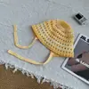 Sombrero de Pescador Tejido Azul y Blanco Estilo Coreano para Mujer, Sombrero de Sol Transpirable Calado de Verano, Sombrero Tipo Cubo Dulce y de Alta Gama