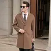 Casaco de lã 100% outono e inverno para homens, ombro caído, gola de alfaiataria, comprimento médio, casaco de cashmere de lã dupla face, jaqueta de lã