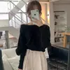 Suéter de tricô com gola redonda, cor sólida, estilo loose, versátil, com mangas tipo lanterna, estilo outono vintage chic coreano para mulheres