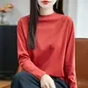 Blusa de tricô feminina de algodão puro, gola semi-alta, manga longa, macia e amigável à pele, modelagem justa, peça básica para primavera e outono