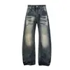 Jia Yi Ku 26 Nuevos Pantalones de Pierna Curva Estilo Americano Jeans Lavados Vintage con Patrón de Bambú Único Pantalones Anchos Sueltos para Hombres y Mujeres