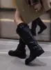Botas de Cavaleiro de Couro Estilo Menina Picante Retrô para Mulheres, Bico Redondo, Fivela, Panturrilha Larga, Versátil, Sola Grossa, Salto Bloco, Botas de Cano Alto