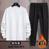 Conjunto de agasalho para outono e inverno masculino, forrado com fleece e espesso, conjunto de duas peças com moletom de gola redonda, conjunto esportivo casual para homens de meia-idade, corte solto