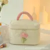 Bolsa de maquiagem de veludo cotelê, fofa e estilosa, necessaire com flores de tulipa, bolsa de maquiagem portátil e de grande capacidade para passeios