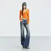Calça jeans flare feminina, estilo americano, lavagem desgastada, efeito vintage orelha de gato, azul-cinza escuro, calça comprida, azul-cinza escuro, comprimento estendido, padrão Yichun, algodão