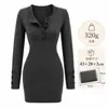 Vestido de Tricô com Botões e Gola Henry Feminino Outono AliExpress Manga Longa Slim Fit Mini Vestido Mini Saia Justa ao Corpo