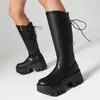 Botas Femininas de Cano Alto Tamanho 35-44 Outono e Inverno, Tamanho Grande Transfronteiriço, Bico Redondo, Solado Grosso, Plataforma Impermeável, Zíper Leve, Botas Femininas Estilo Europeu e Americano
