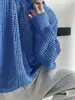 Camisa de punto calado color azul Klein para hombre, holgada y relajada, cuello redondo, fina, transpirable, de manga larga, top protector solar