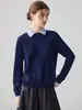 Suéter de punto de cachemira 100% puro estilo universitario con solapa, dos piezas falsas, nuevo color bloqueado para mujer, otoño e invierno, jersey versátil