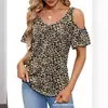 Roupas Femininas Transfronteiriças Europeias e Americanas 2025 Amazon Verão Novo Ombro a Ombro Estampado Decote V Manga Curta Solto Top Camiseta