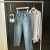 Pernas Retas! Jeans Reto Cropped com Barra Desfiada e Elasticidade em Quatro Direções! Bolsa Baguette Petite Slimming Simples para o Dia a Dia Novo Estilo