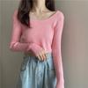 Camiseta básica de punto de manga larga con cuello en V corto para primavera y otoño 2024, nuevo estilo coreano moderno, simple y versátil para mujer