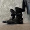 Botines occidentales plisados para mujer, estilo británico de verano, punta afilada, corte en V, adelgazantes, tacón grueso, negro, botas de montar nicho con tachuelas