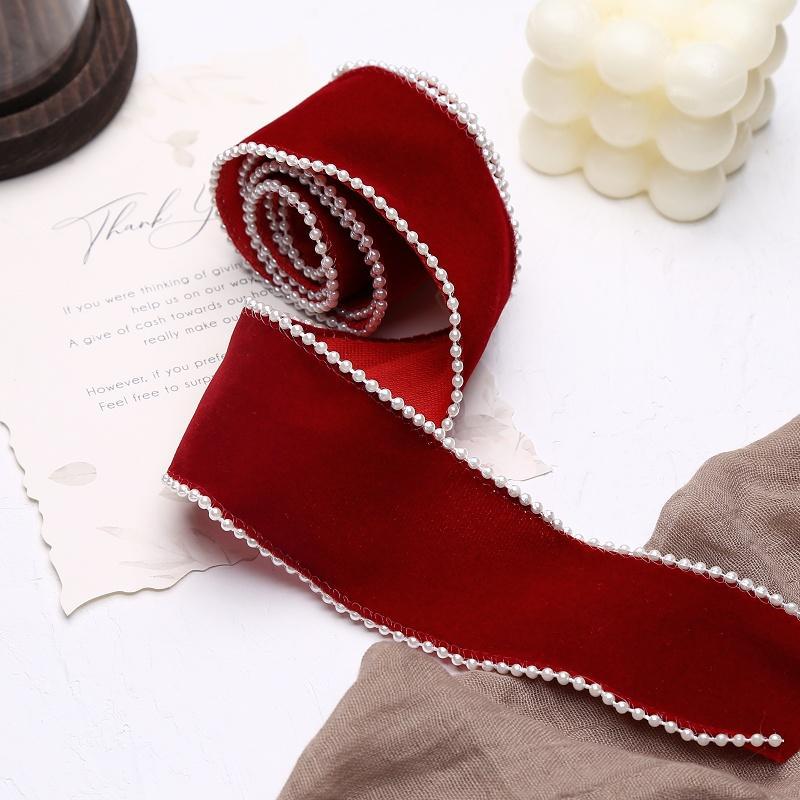 秋冬法式珍珠边丝绒植绒带手工diy丝带蝴蝶结发夹材料包装辅料